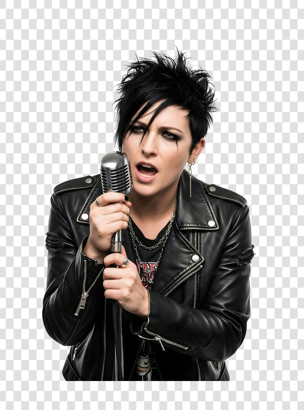 Foto Recortada Cantora Rock Microfone Vintage PNG Fundo Transparente