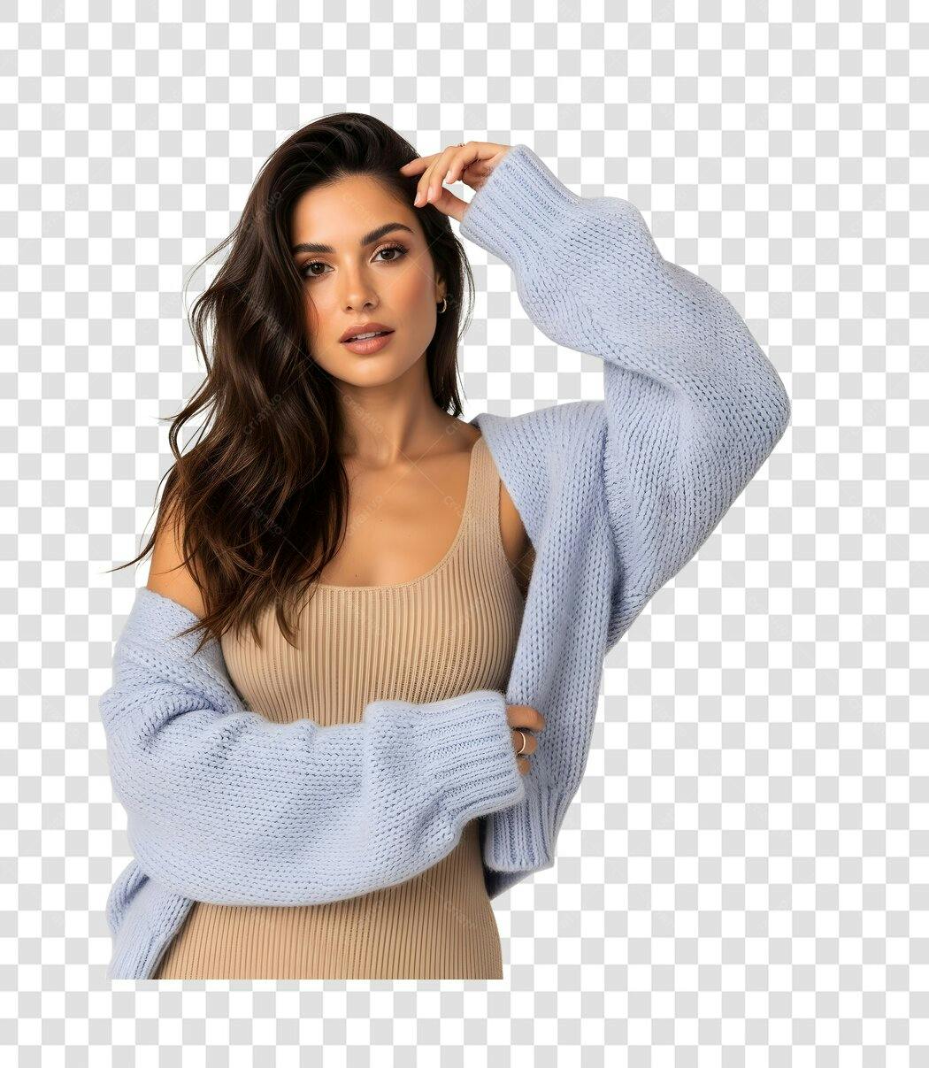 Foto Recortada Mulher Jovem Cardigã Azul PNG Fundo Transparente