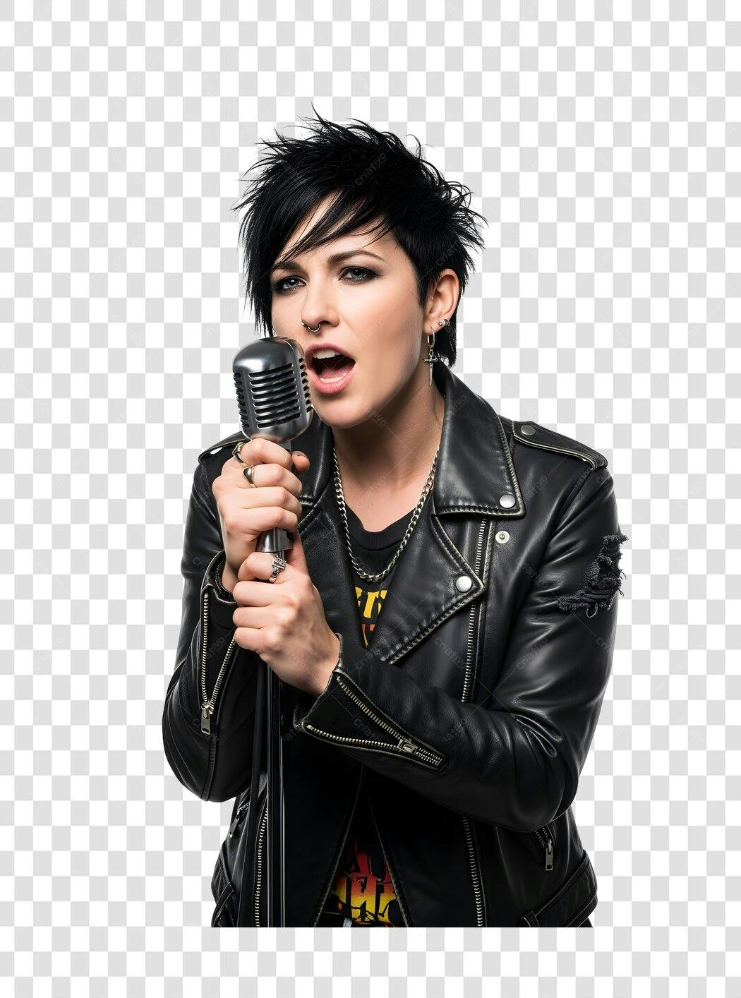 Foto Recortada Cantora Rock Microfone Vintage PNG Fundo Transparente
