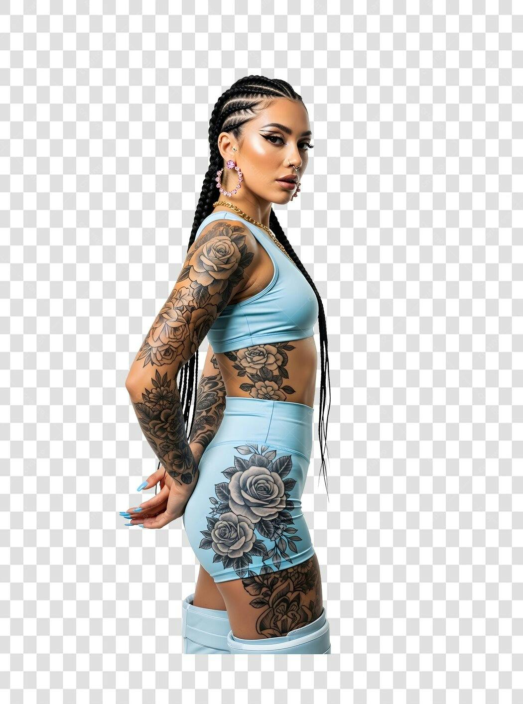 Foto Recortada Mulher Tatuada Tranças Roupa Azul PNG Fundo Transparente