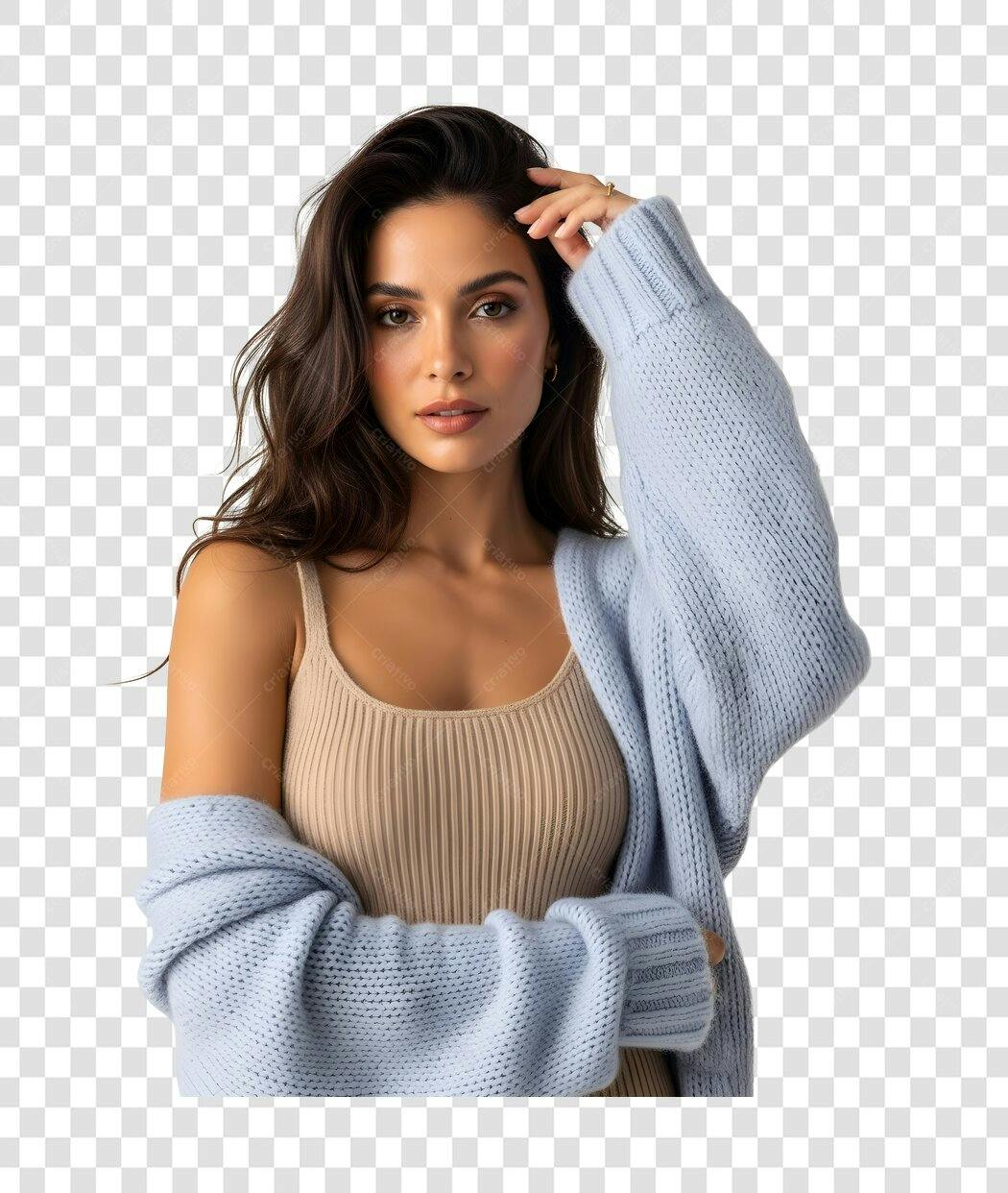 Foto Recortada Mulher Jovem Suéter Azul PNG Fundo Transparente