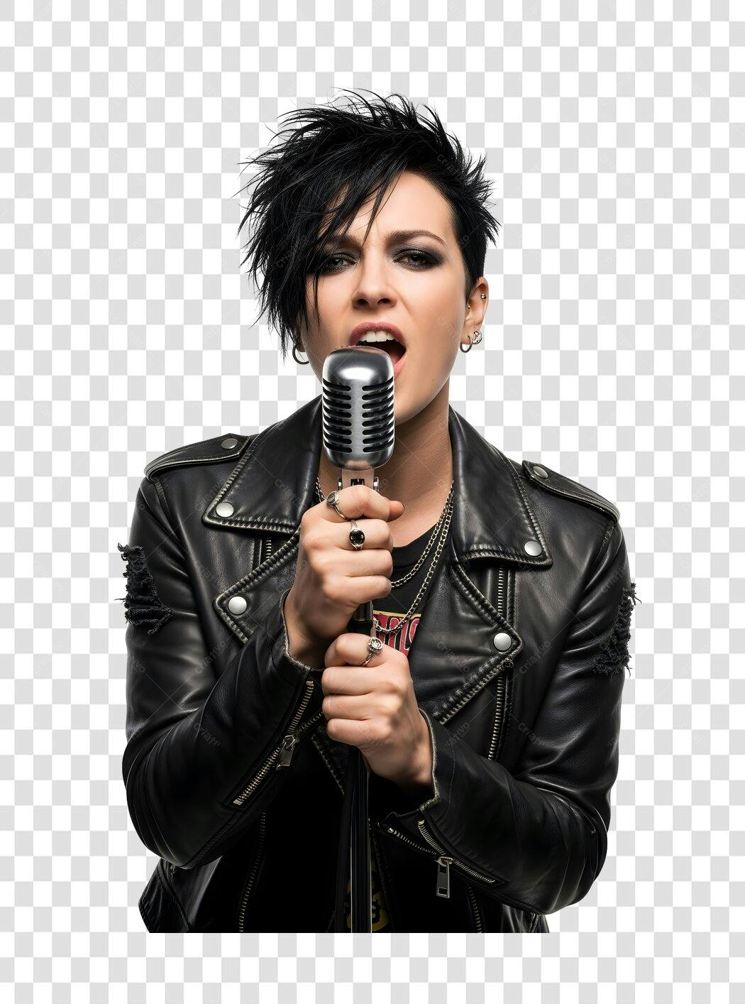 Foto Recortada Mulher Rock Cantando Microfone PNG Fundo Transparente