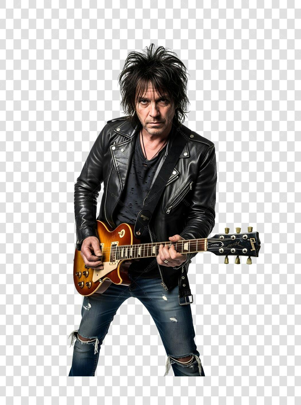 Foto Recortada Guitarrista Rock Jaqueta Couro PNG Fundo Transparente
