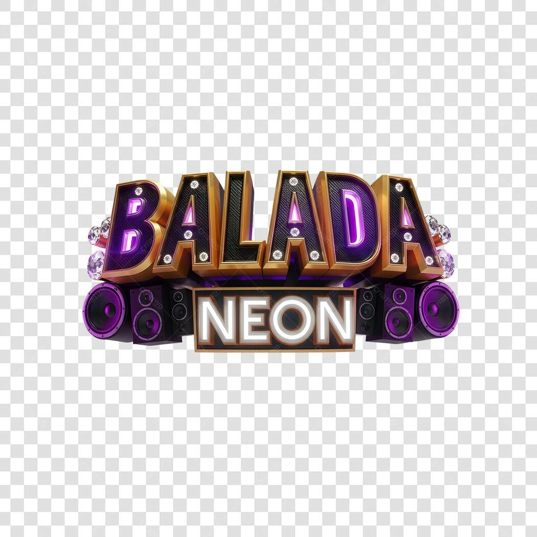 Elemento 3D Balada Neon Letras Douradas Roxas PNG Fundo Transparente