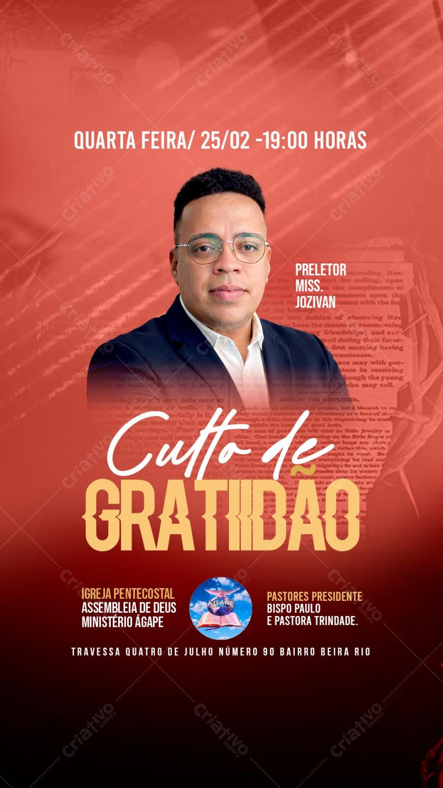 Post Instagram Culto de Gratidão Igreja PSD Editável