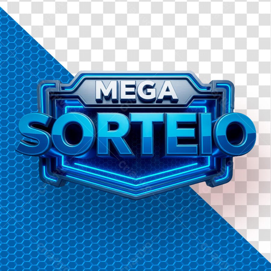 Badge 3D Mega Sorteio Azul Neon Metálico PNG Transparente