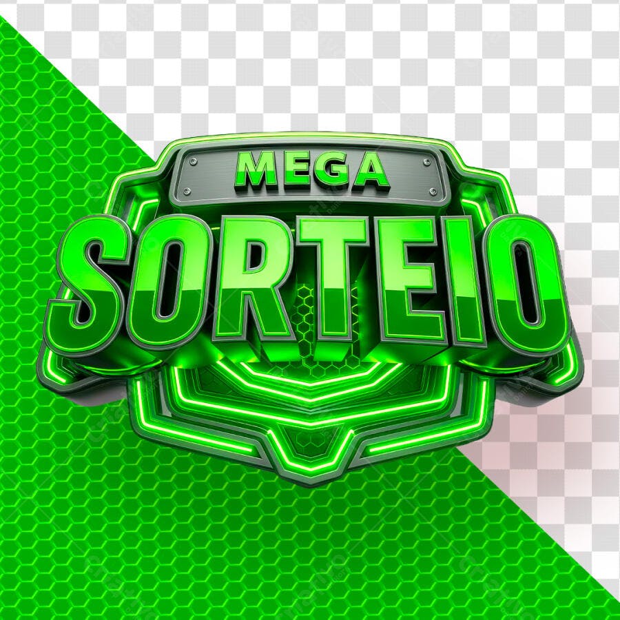 Selo 3D Mega Sorteio Verde Neon Metalizado PNG Transparente