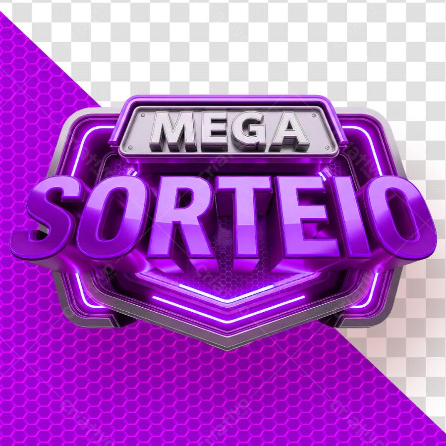 Selo 3D Mega Sorteio Roxo Neon PNG Fundo Transparente