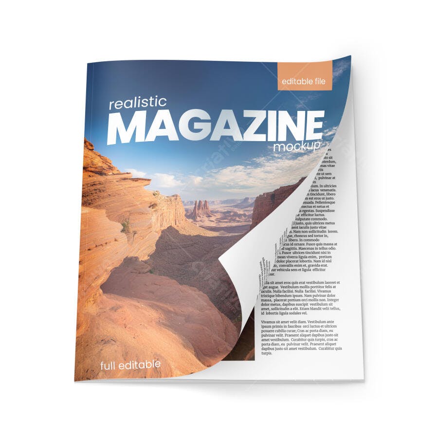 Mockup Revista Realista Capa Dobrada Fundo Branco Editável