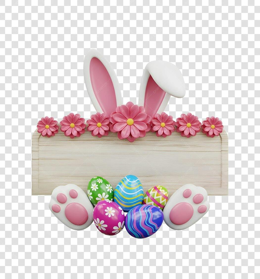 Elemento 3D Páscoa Orelhas Coelhinho Ovos Flores PNG Fundo Transparente