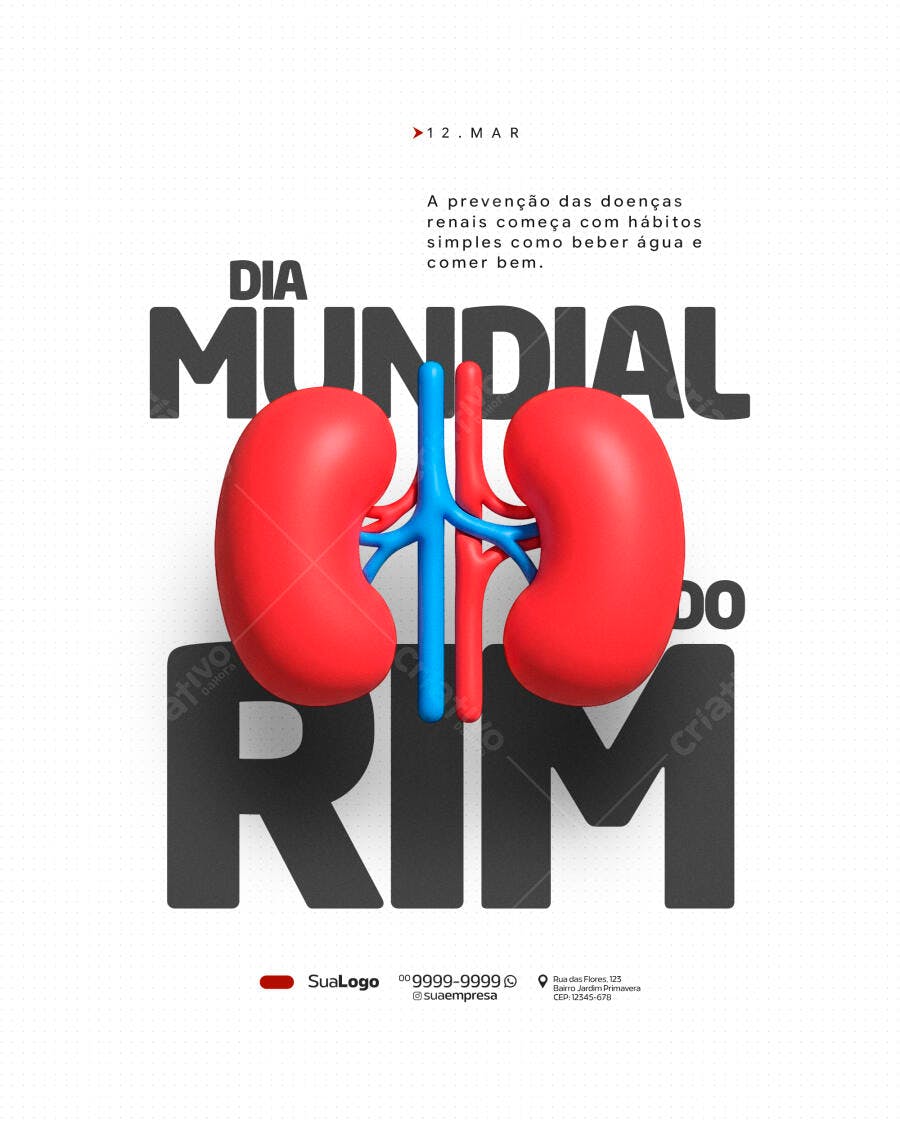 Post Instagram Dia Mundial do Rim 12 de Março PSD Editável