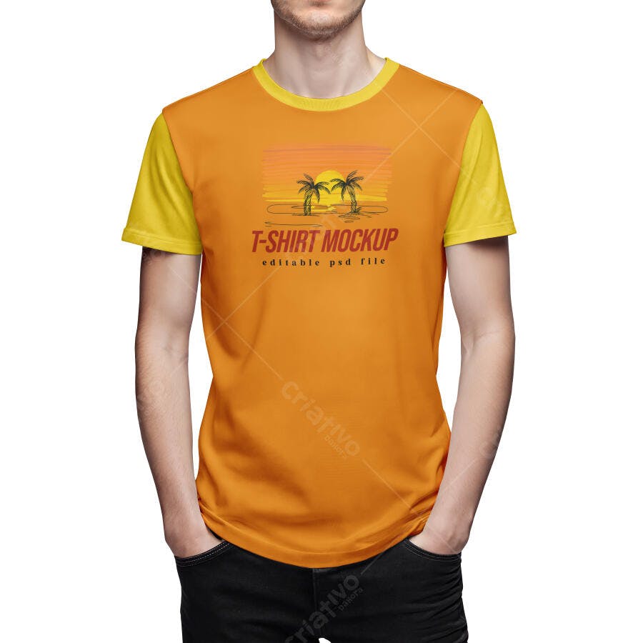 Mockup Camiseta Masculina Laranja e Amarela Frente Editável