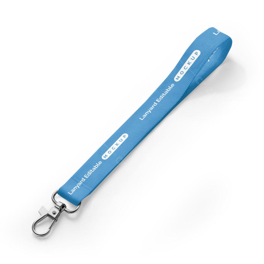 Mockup Cordão Crachá Azul Vista Superior Fundo Branco Editável