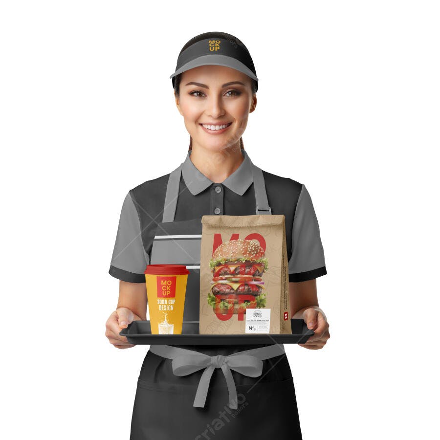 Mockup Embalagem Fast Food Sacola Copo Atendente Editável
