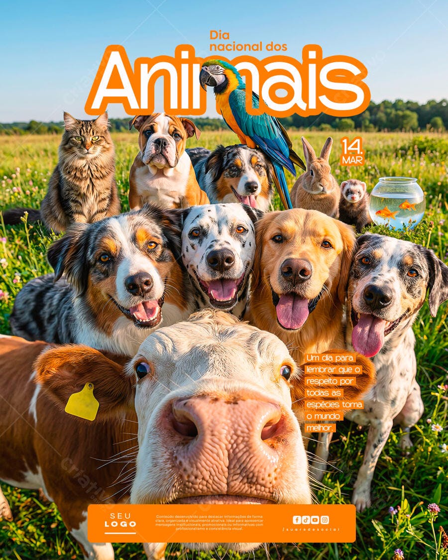 Post Dia Nacional dos Animais 14 Março PSD Editável