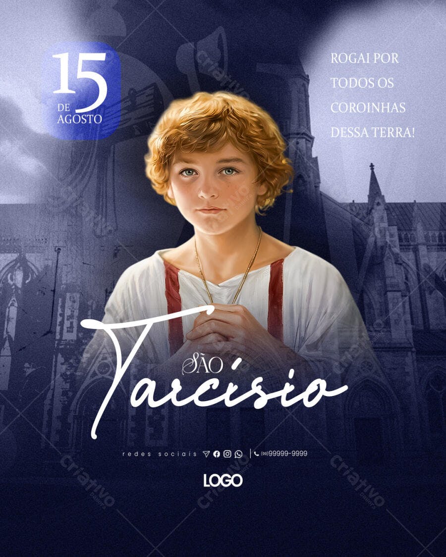 Post Instagram Dia de São Tarcísio Coroinhas 15 de Agosto PSD Editável