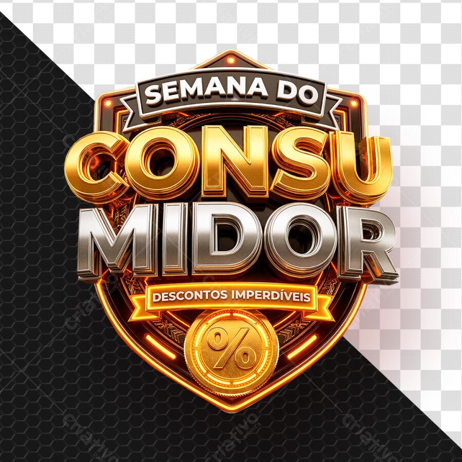 Selo 3D Semana do Consumidor Metalizado Dourado Prata PNG Transparente