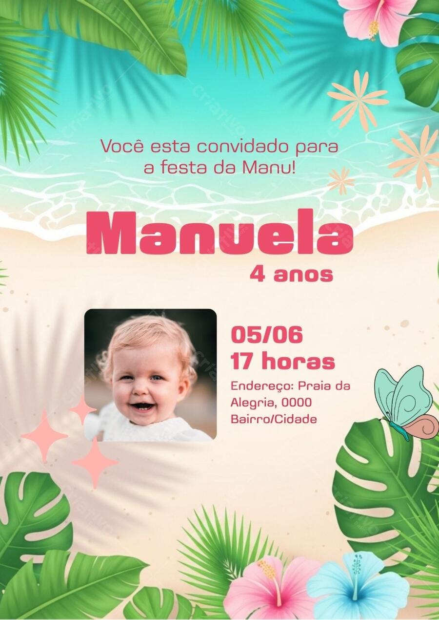 Convite Aniversário Infantil Praia Tropical 4 Anos Editável
