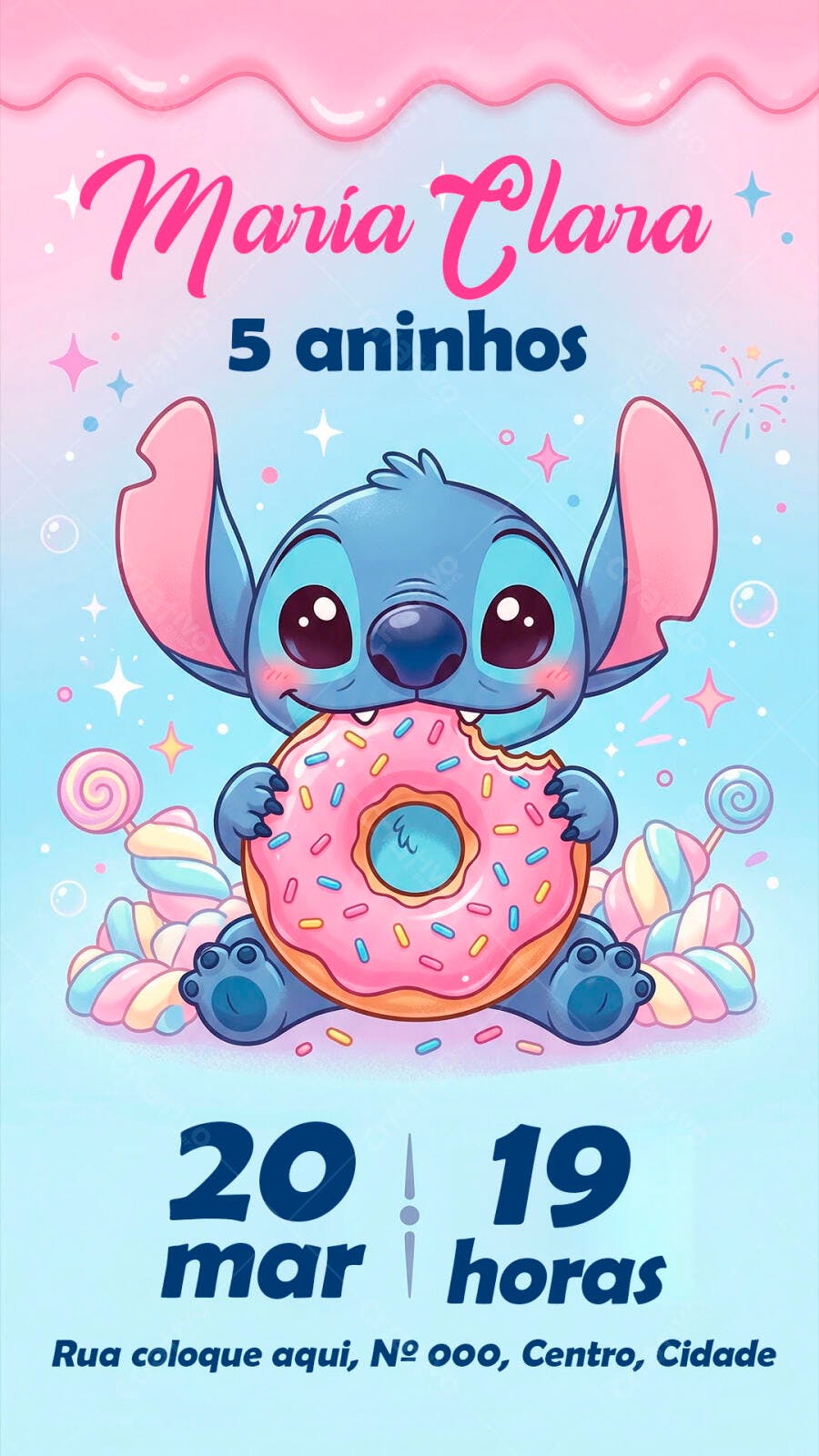Convite Aniversário Stitch 5 Anos Infantil PSD Editável