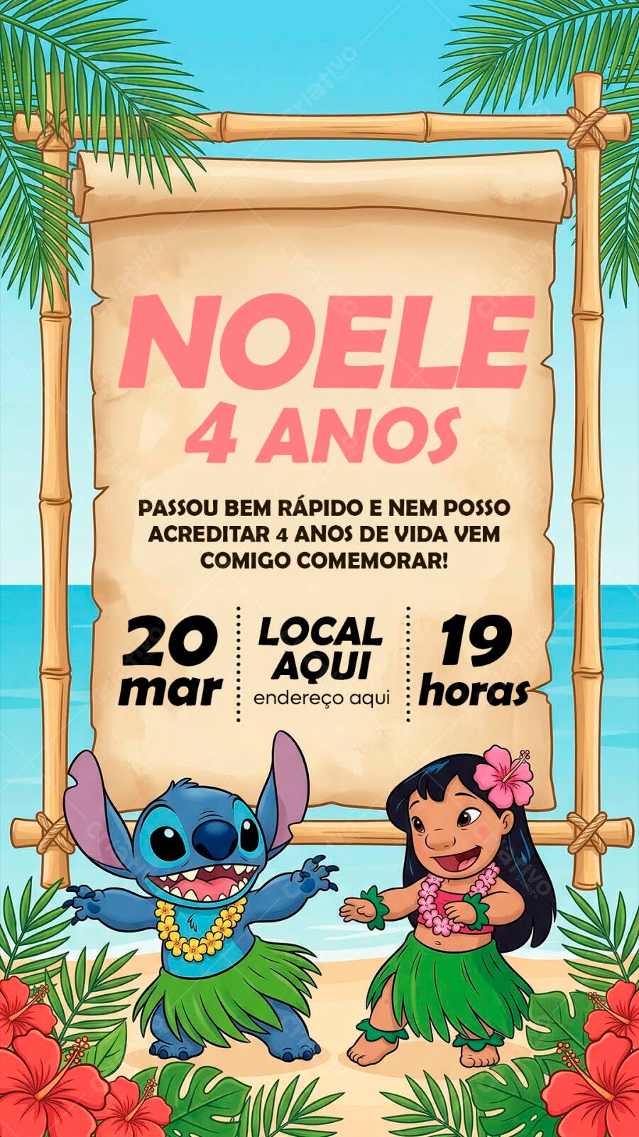 Convite Aniversário Stitch Lilo Havaiano PSD Editável