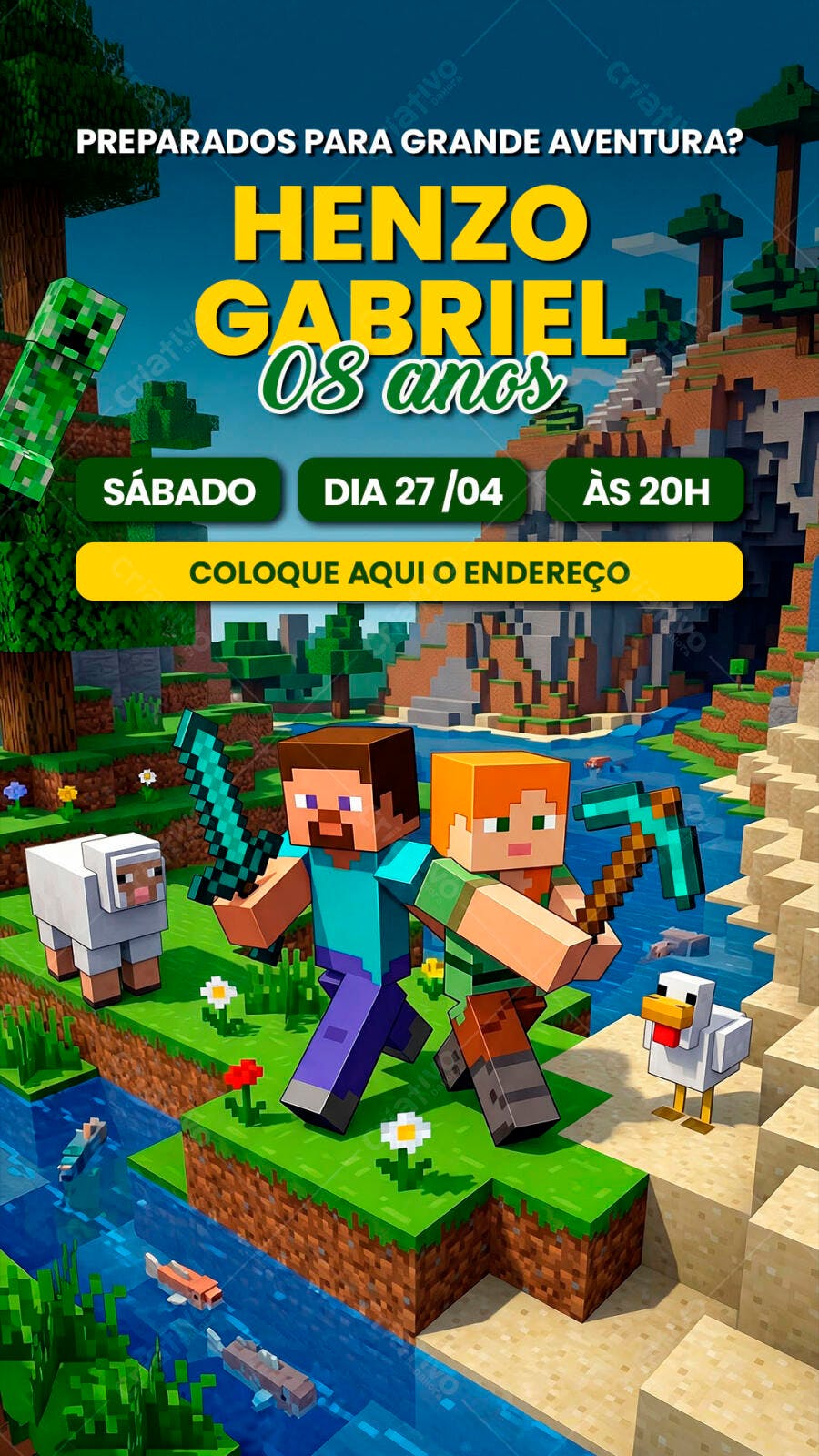 Convite Aniversário Minecraft Infantil PSD Editável