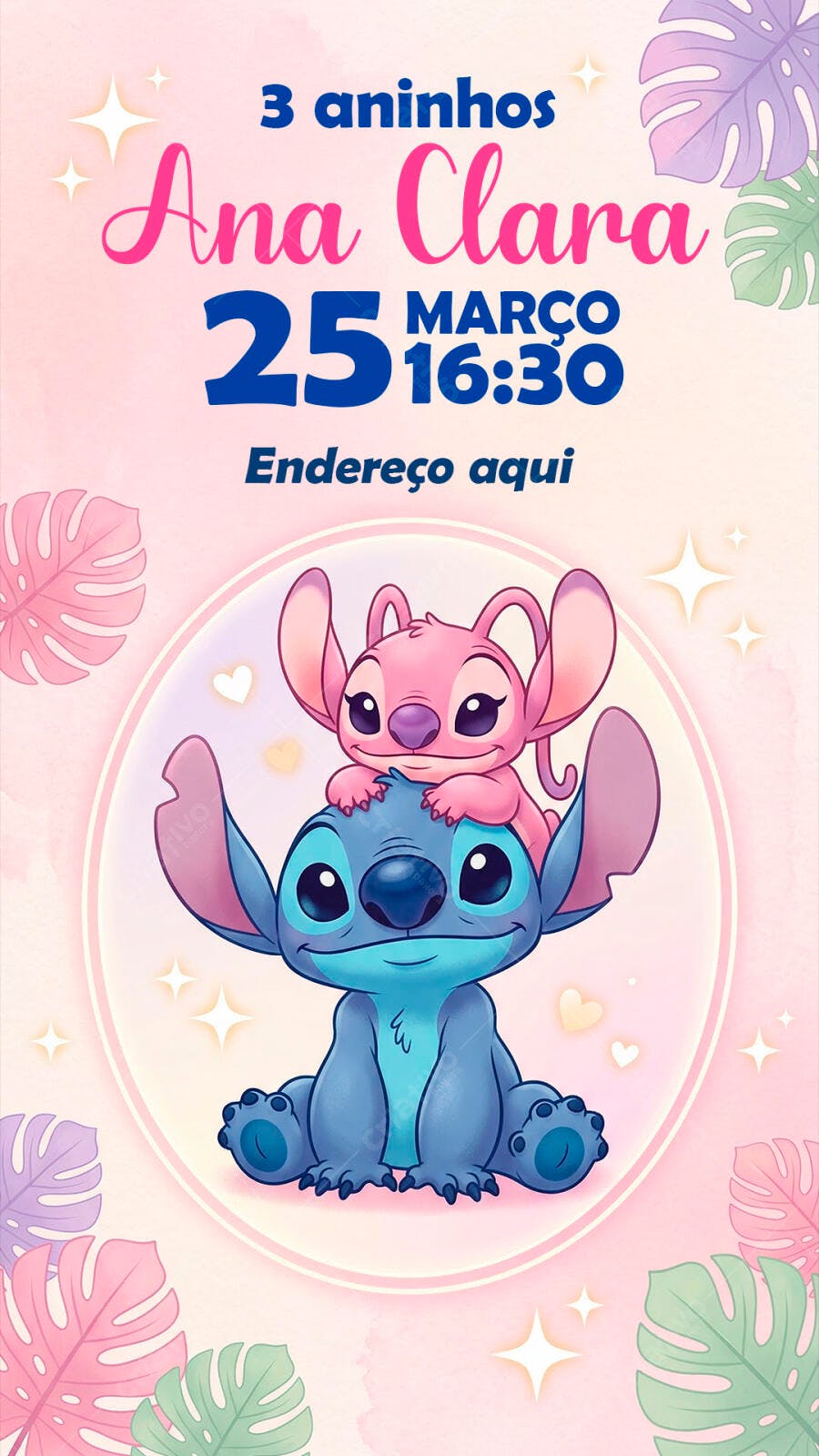 Convite Aniversário Stitch e Angel 3 Anos PSD Editável