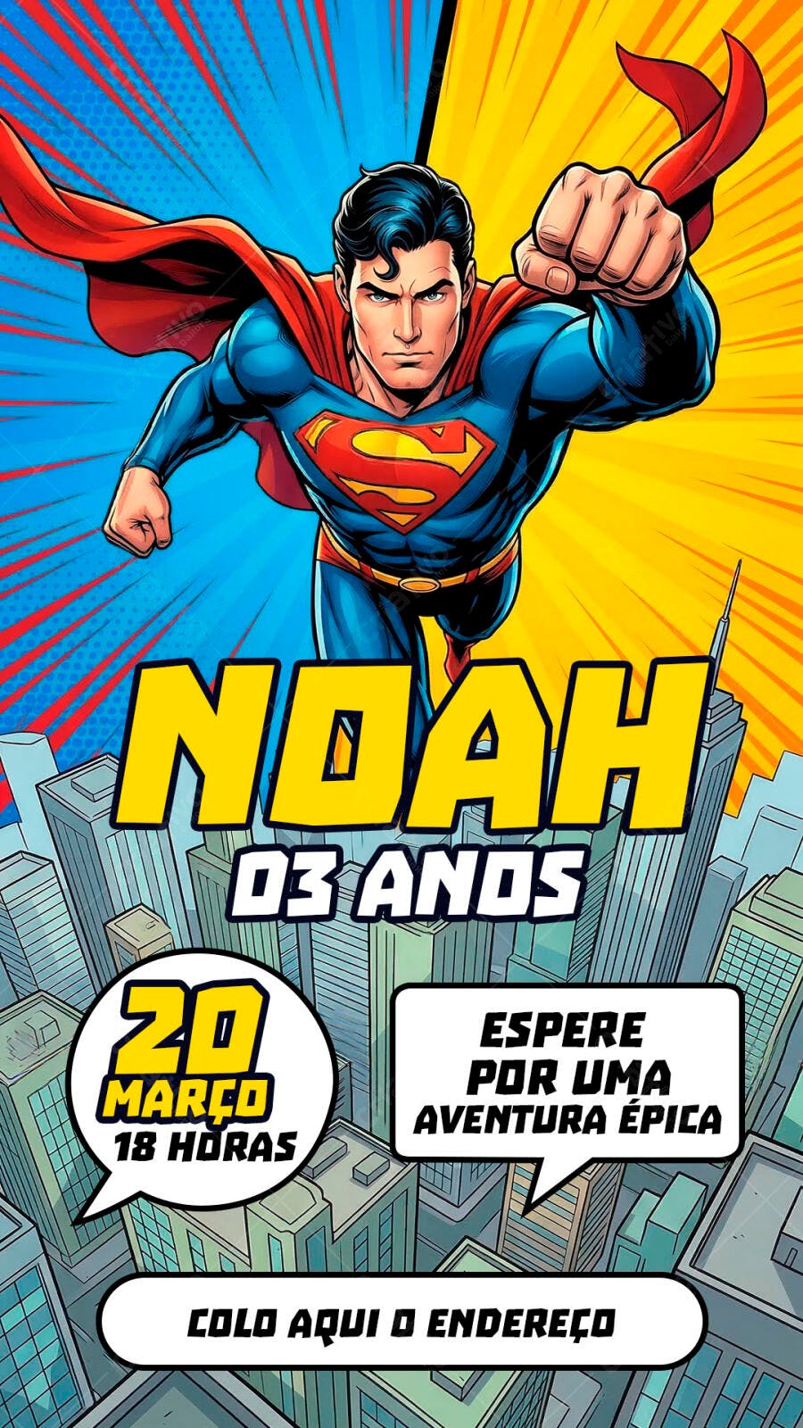 Convite Aniversário Infantil Super-Herói Superman PSD Editável