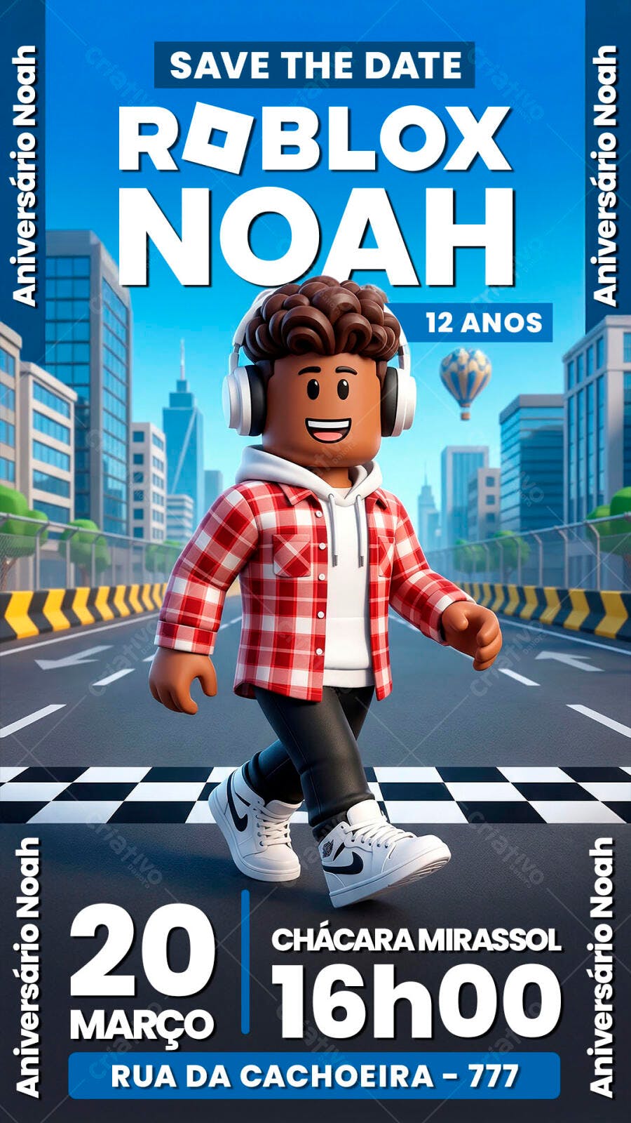 Convite Aniversário Roblox Noah 12 Anos PSD Editável