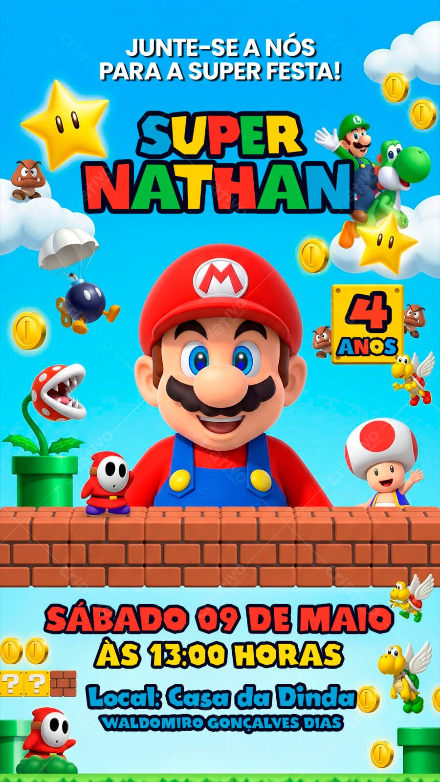 Convite Aniversário Infantil Super Mario PSD Editável