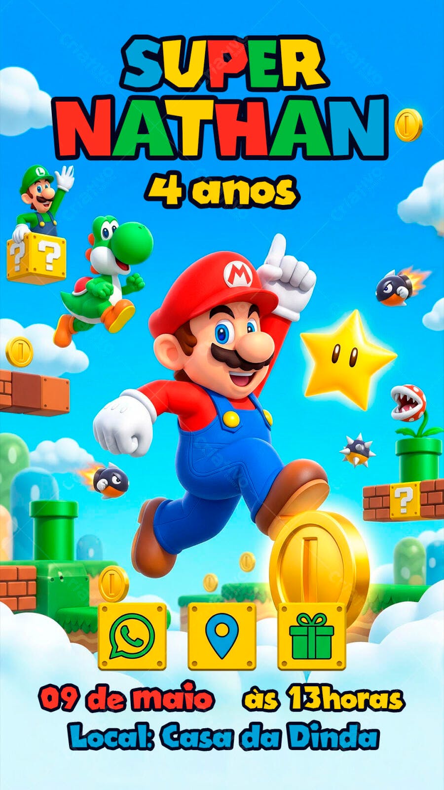 Convite Digital Aniversário Super Mario Bros PSD Editável