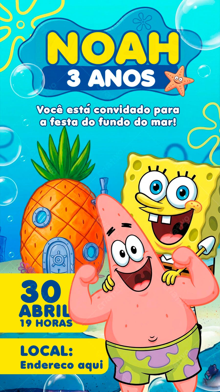 Convite Aniversário Fundo do Mar Bob Esponja PSD Editável