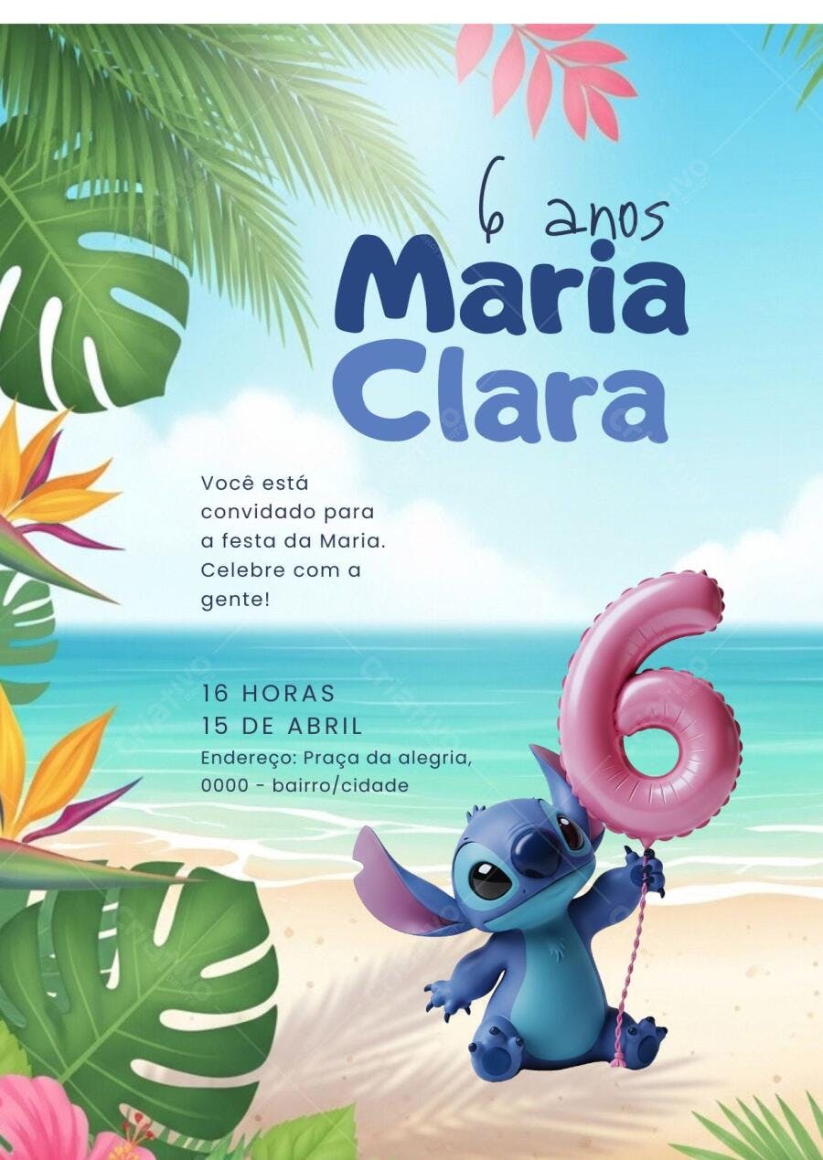Convite Aniversário Stitch 6 Anos Praia Editável
