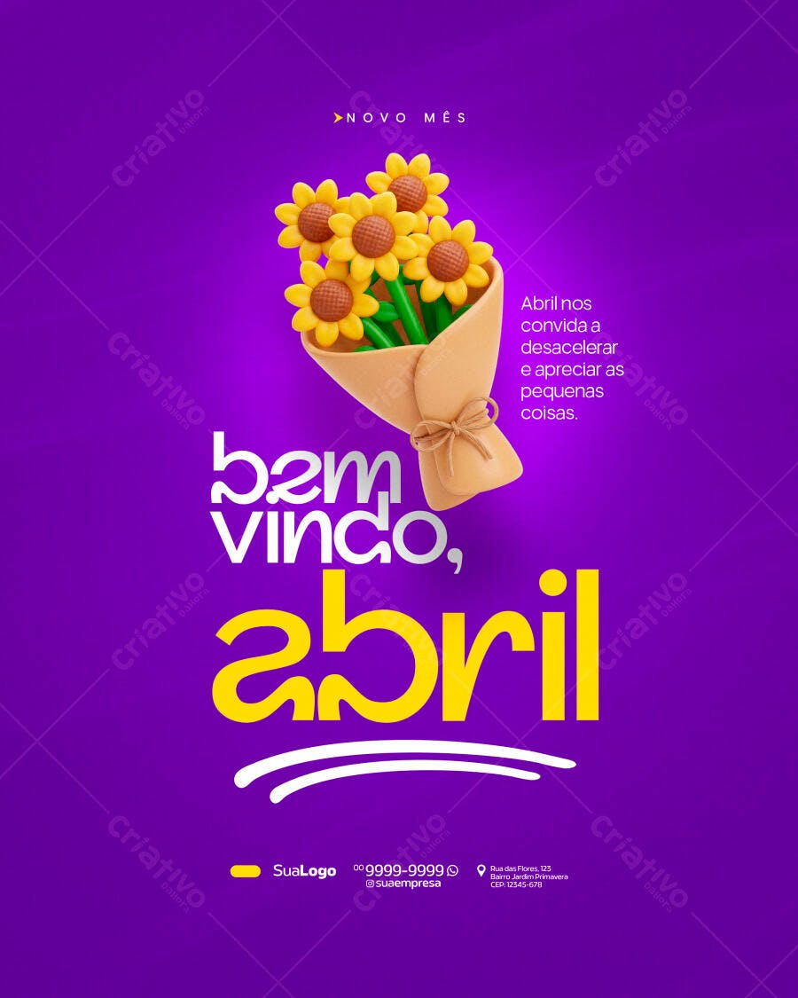 Post Instagram Bem-Vindo Abril Girassóis PSD Editável