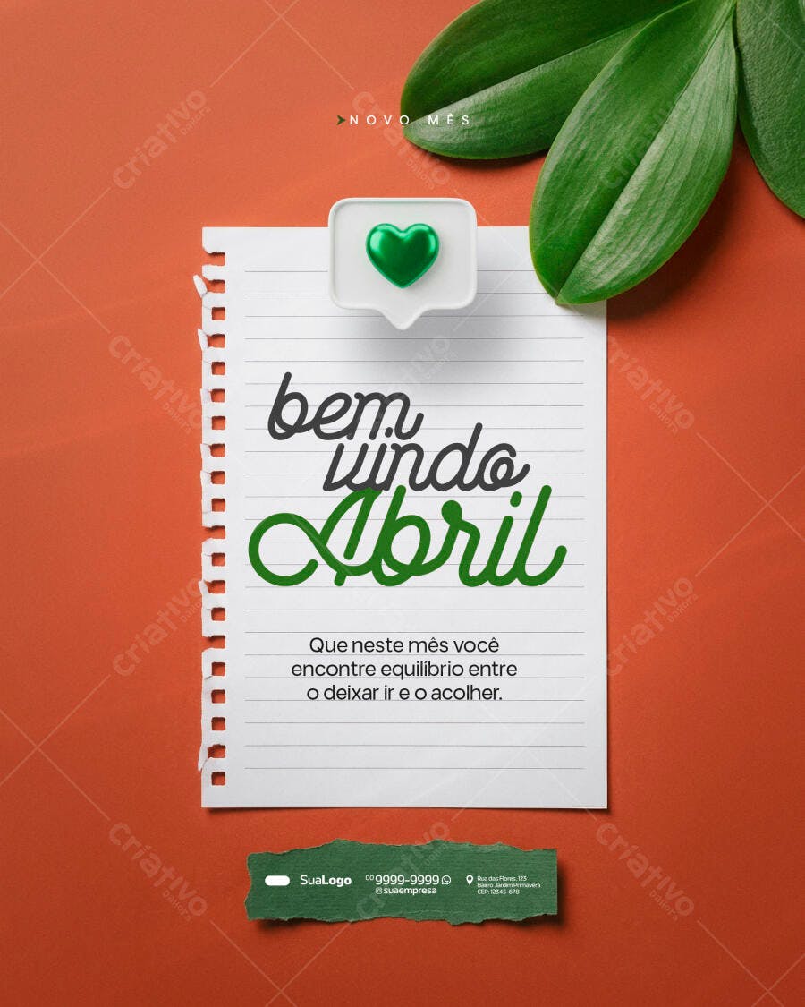 Post Instagram Bem Vindo Abril PSD Editável