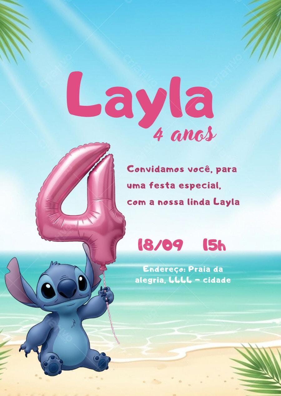 Convite Aniversário Stitch 4 Anos Praia Editável