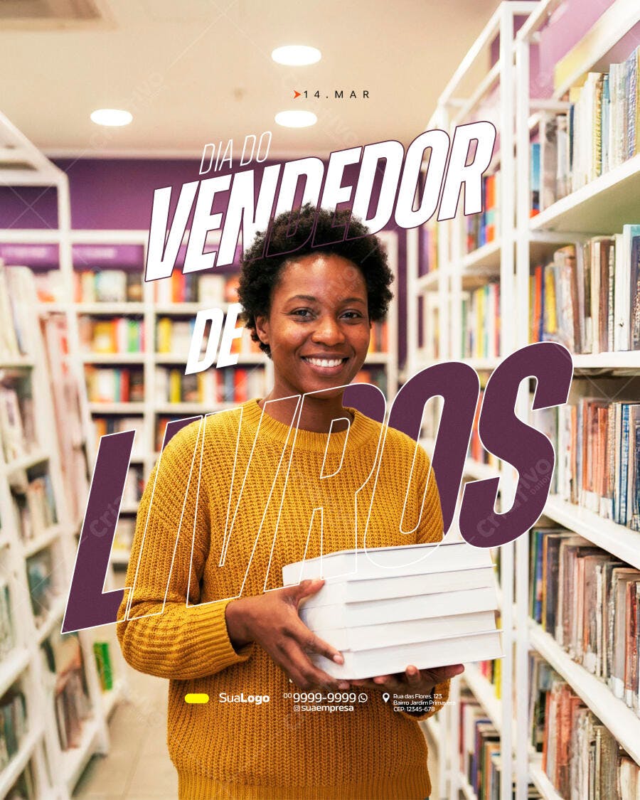 Post Instagram Dia do Vendedor de Livros 14 de Março PSD Editável