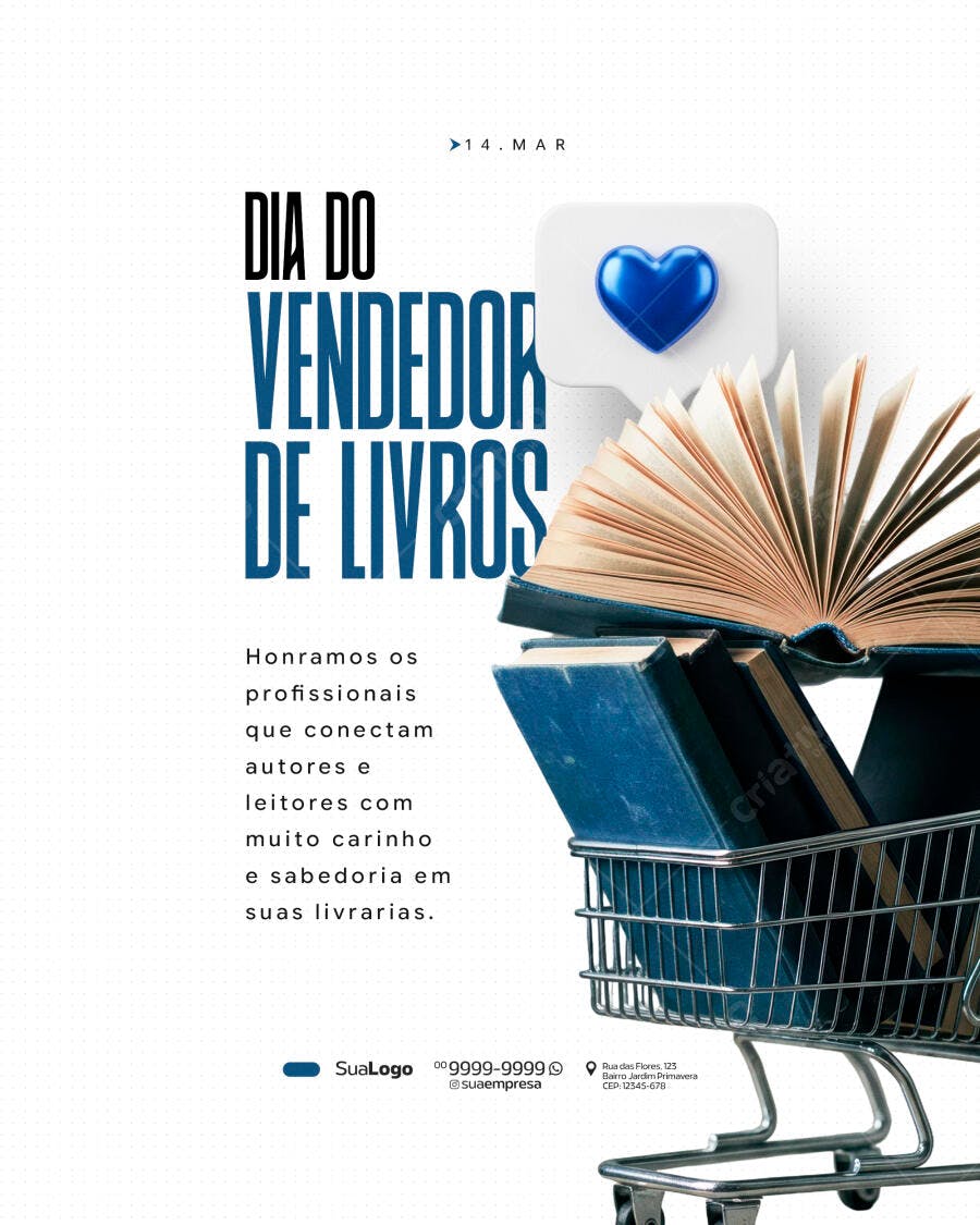 Post Instagram Dia do Vendedor de Livros Livraria PSD Editável