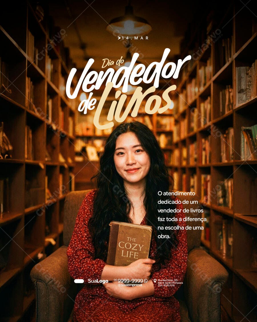 Post Instagram Dia do Vendedor de Livros 14 de Março PSD Editável