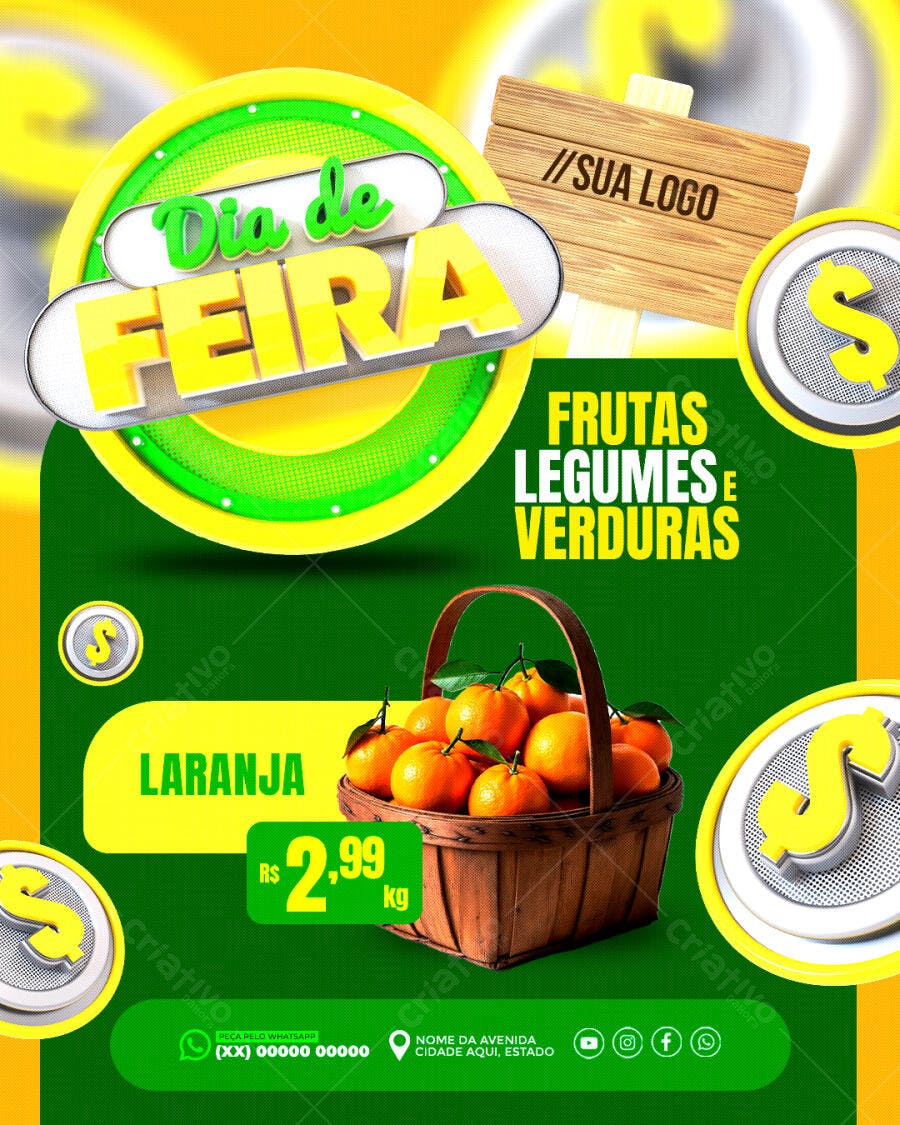 Post Instagram Dia da Feira Frutas Verduras PSD Editável