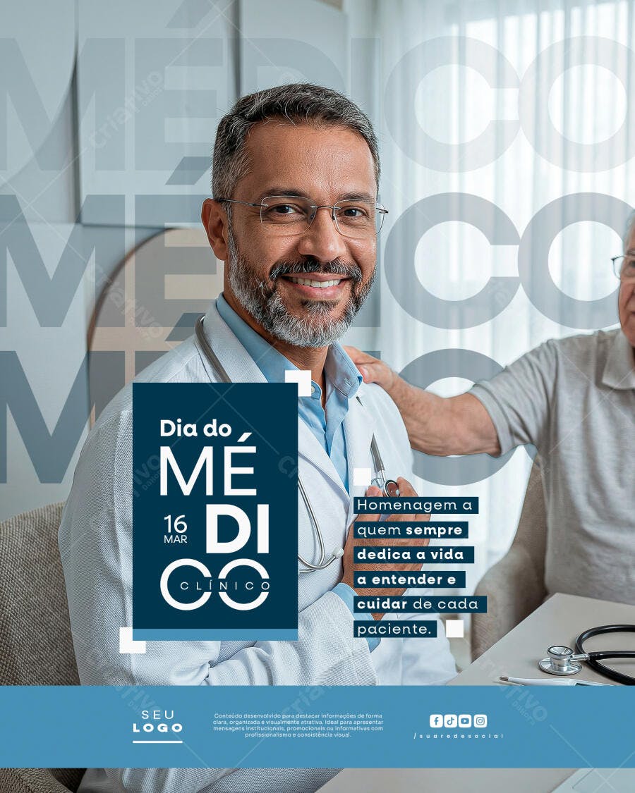 Post Instagram Dia do Médico Clínico 16 Março PSD Editável