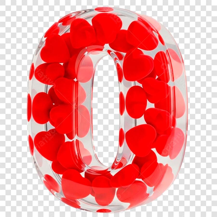 Elemento 3D Número Zero Corações Vermelhos PNG Fundo Transparente