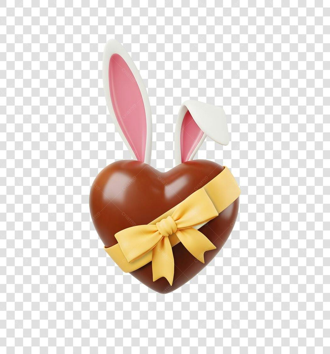 Elemento 3D Coração Chocolate Orelhas Coelho Páscoa PNG Fundo Transparente
