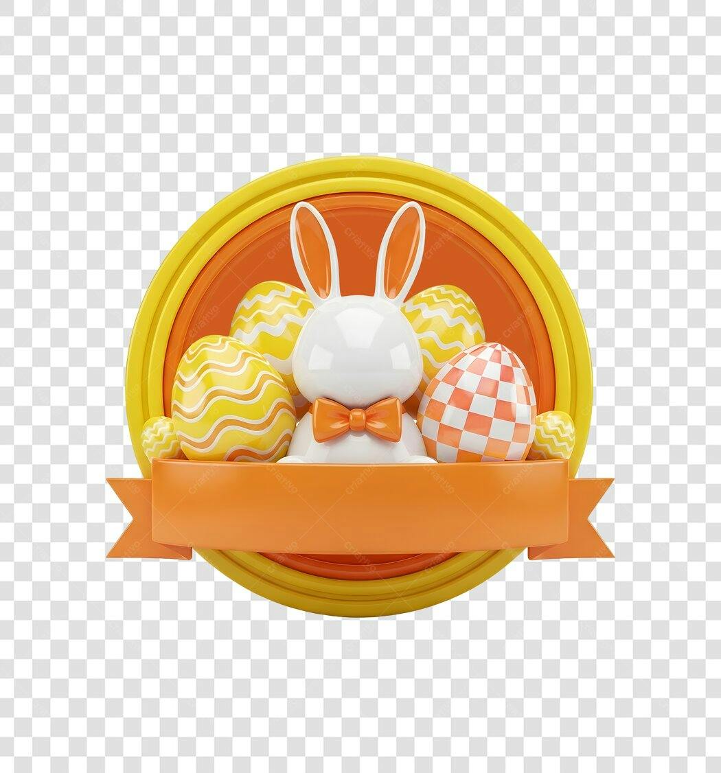 Elemento 3D Coelho Páscoa Ovos Decorados Abril PNG Fundo Transparente
