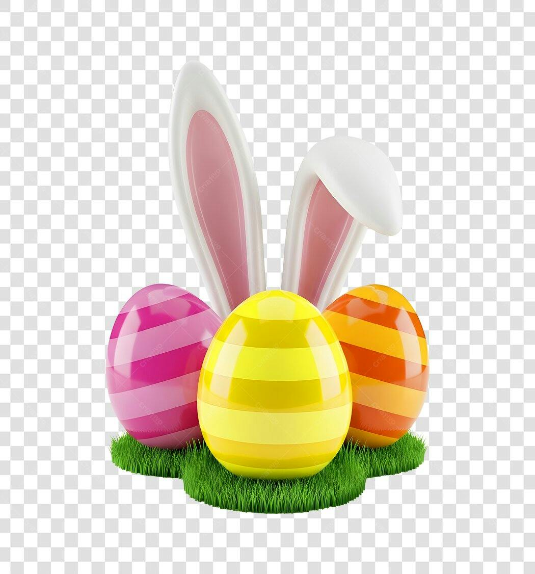 Elemento 3D Orelhas de Coelho e Ovos de Páscoa Abril PNG Fundo Transparente