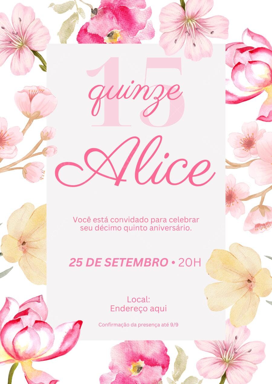 Convite Debutante 15 Anos Floral Aquarela Rosa Editável