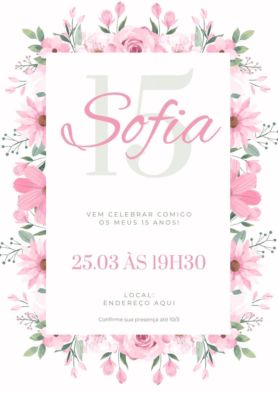 Convite Debutante 15 Anos Floral Rosa Editável