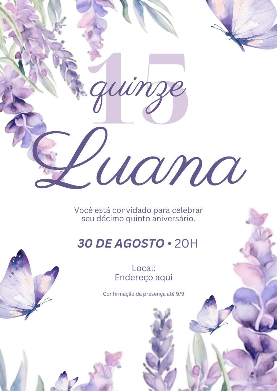 Convite Debutante 15 Anos Borboletas Lavanda Editável