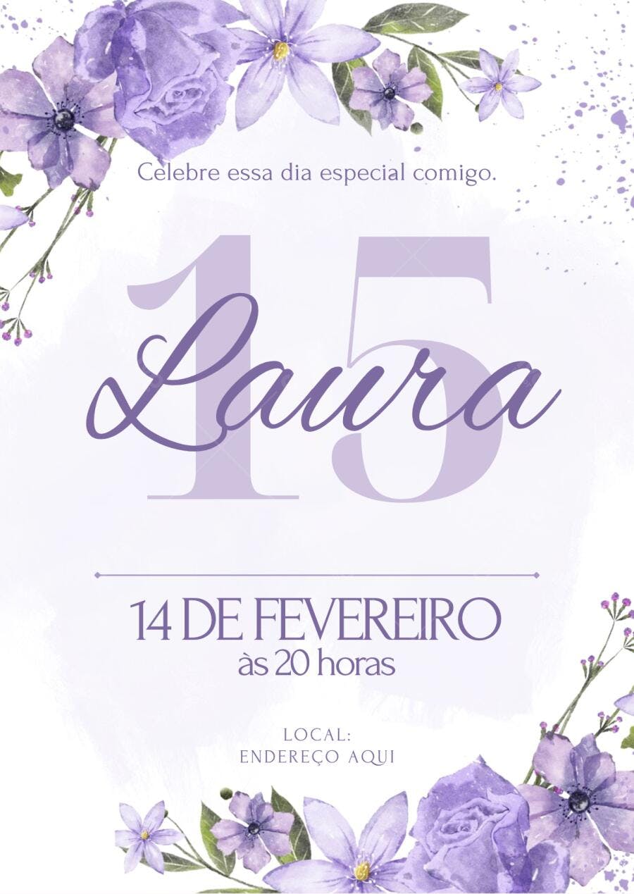 Convite Debutante Floral Lilás 15 Anos Editável