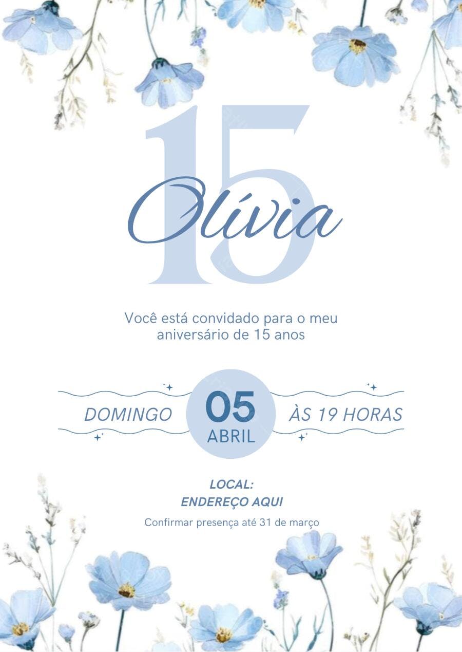 Convite Debutante 15 Anos Floral Azul Editável