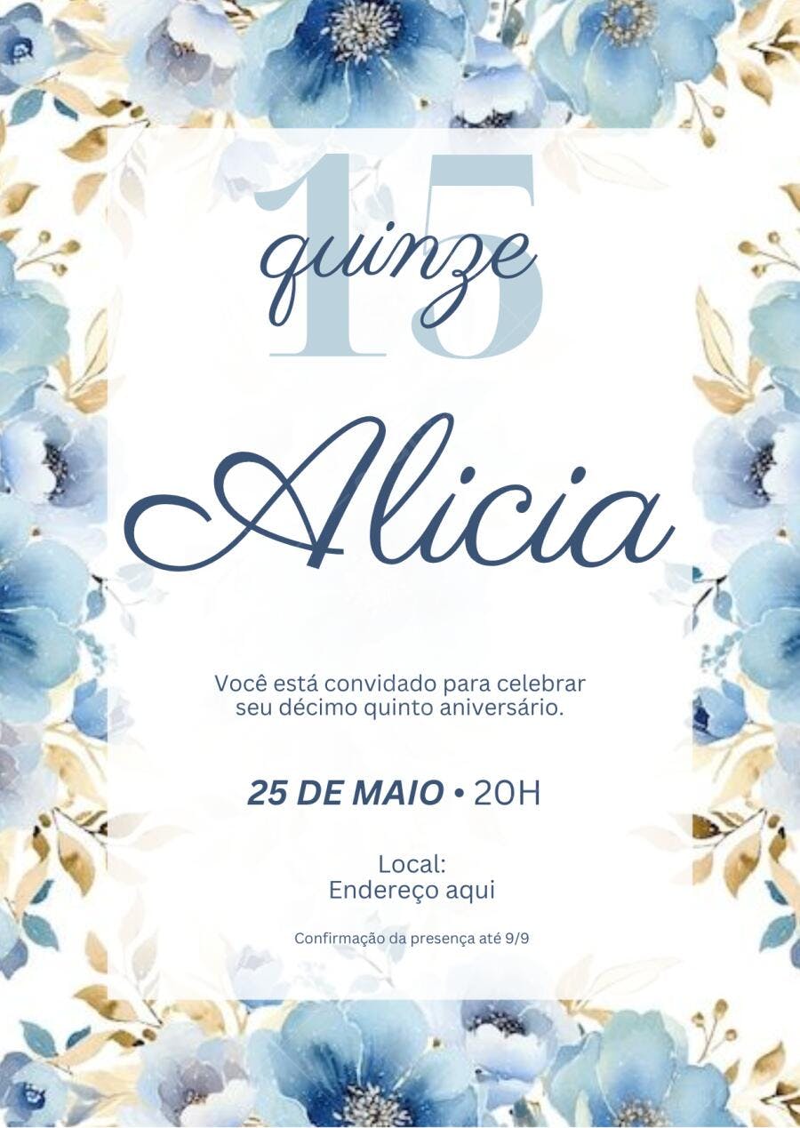 Convite Debutante 15 Anos Floral Azul Editável